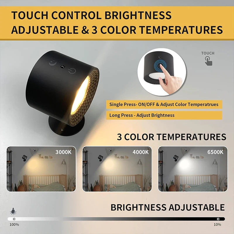 Led Dubbele Kop Wandlamp Touch Control Afstandsbediening 360 Draaibare Usb Opladen Draadloze Draagbare Nachtlampje Voor Slaapkamer Leeslamp