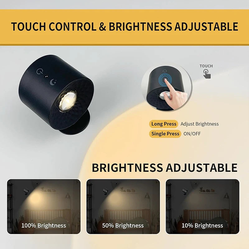 Led Dubbele Kop Wandlamp Touch Control Afstandsbediening 360 Draaibare Usb Opladen Draadloze Draagbare Nachtlampje Voor Slaapkamer Leeslamp